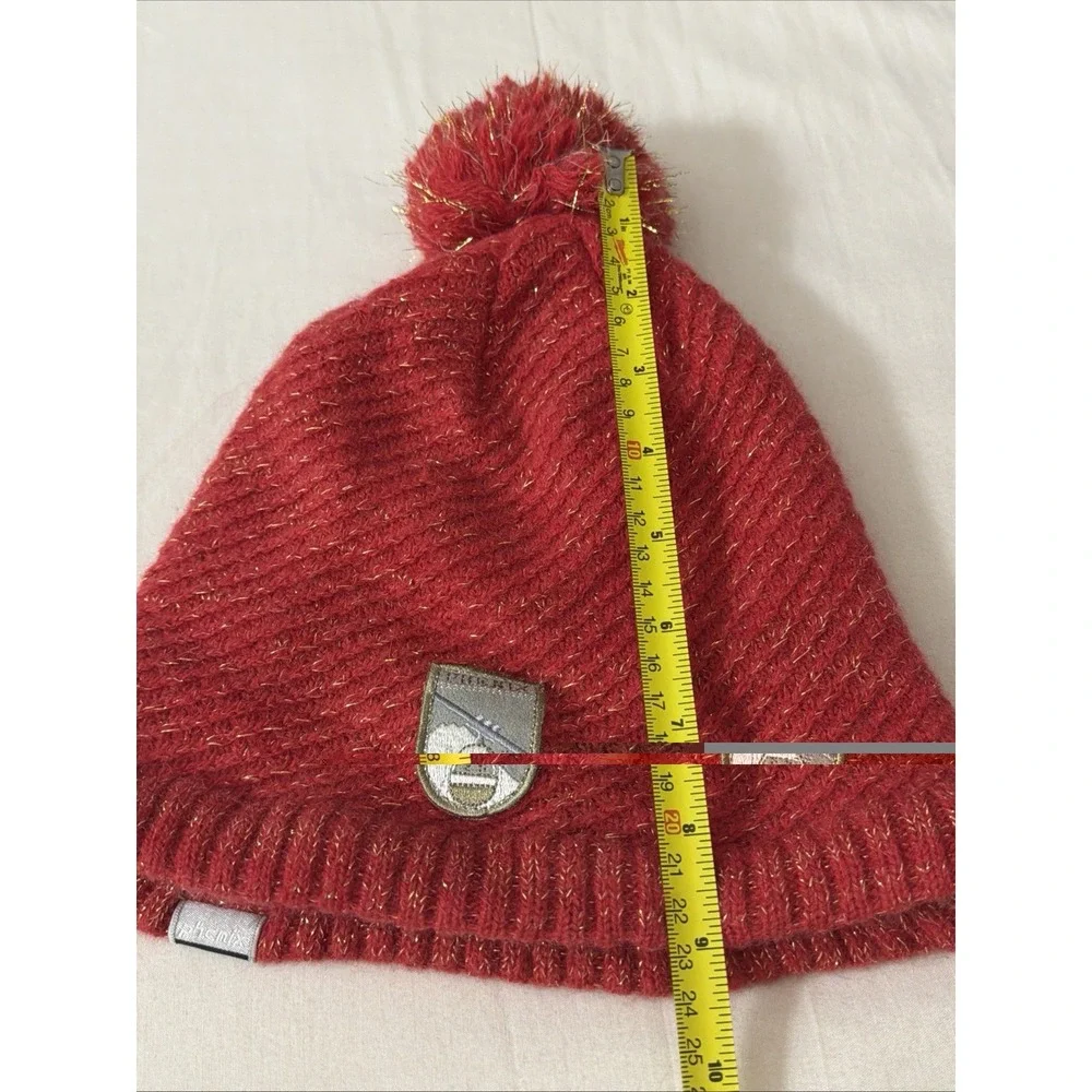 PHENIX Hat Women's One size Red Knitted Logo Beanie Fleece Lining Wool Blend Fit